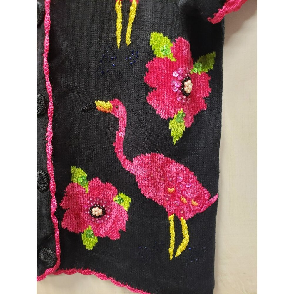 Pink Flamingo Black Cardigan Sweater Medium S/S Grannycore Coastal Embellished